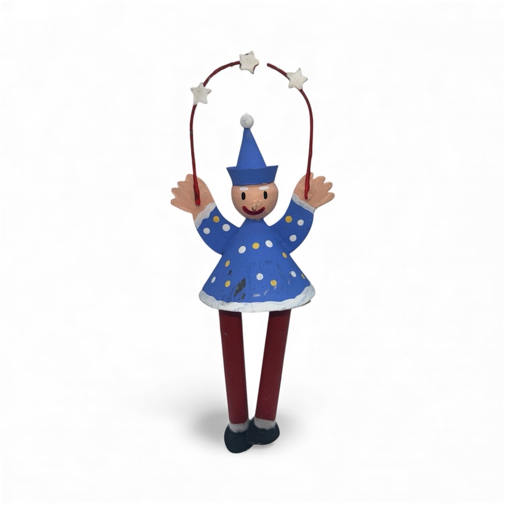 Christmas ornament metal clown Pinocchio 8" long dangley legs or vintage toy